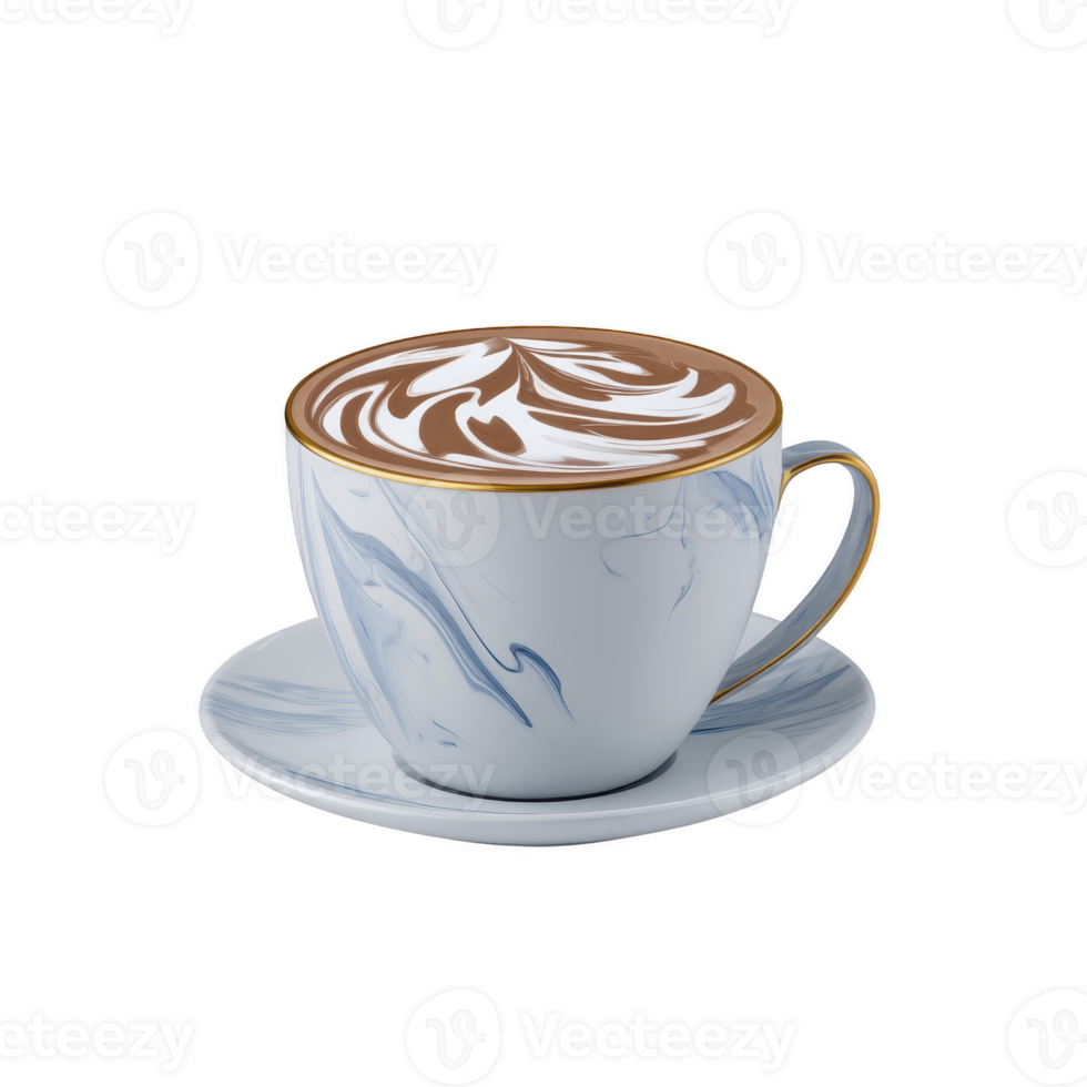 Beautifully crafted cappuccino with intricate latte art sits in elegant marbled cup and saucer, creating sophisticated and inviting atmosphere png