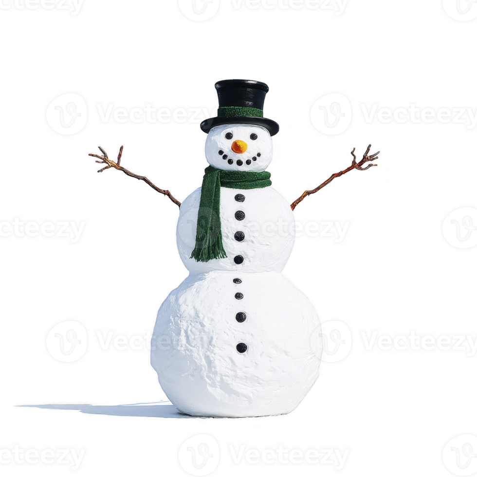 Cheerful snowman with black top hat and green scarf stands with twig arms outstretched, featuring coal buttons and carrot nose, casting shadow on ground png