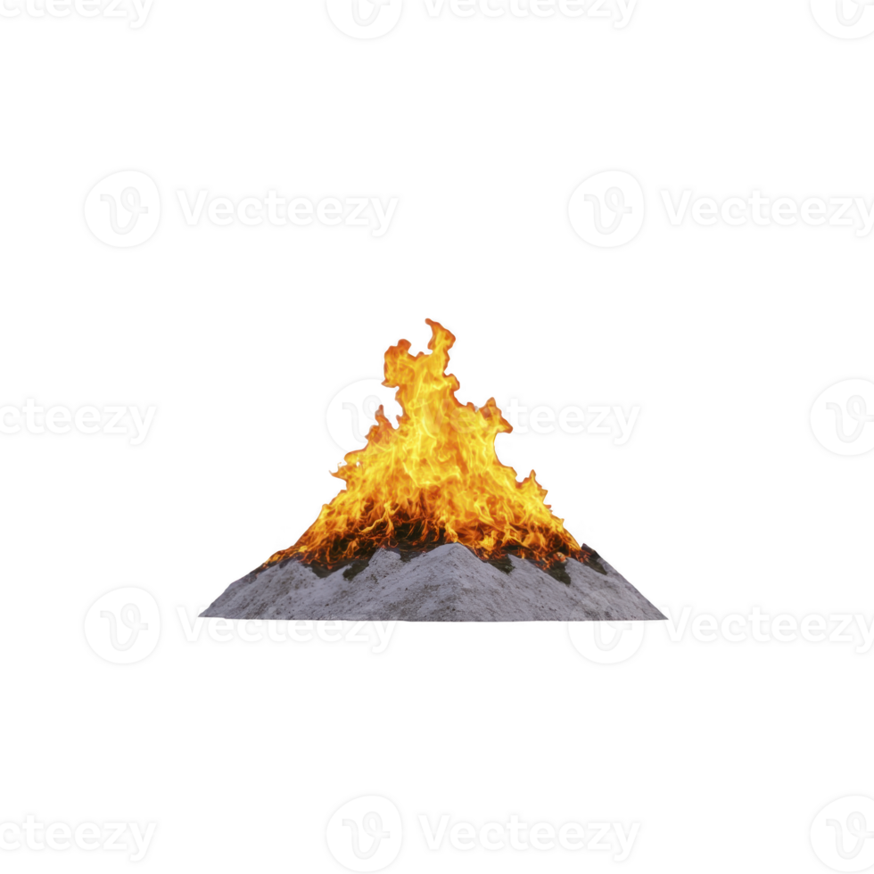 Blazing fire burns atop pile of gray ashes, creating striking contrast. flames dance energetically, casting warm glow and evoking sense of heat and intensity png