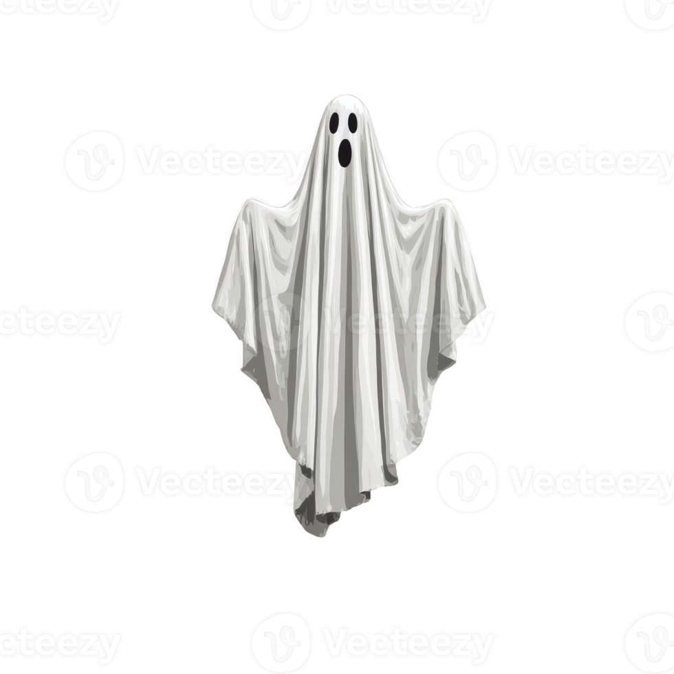Ghostly figure draped in white sheet with surprised expression floats against transparency background, evoking spooky yet playful Halloween vibe png