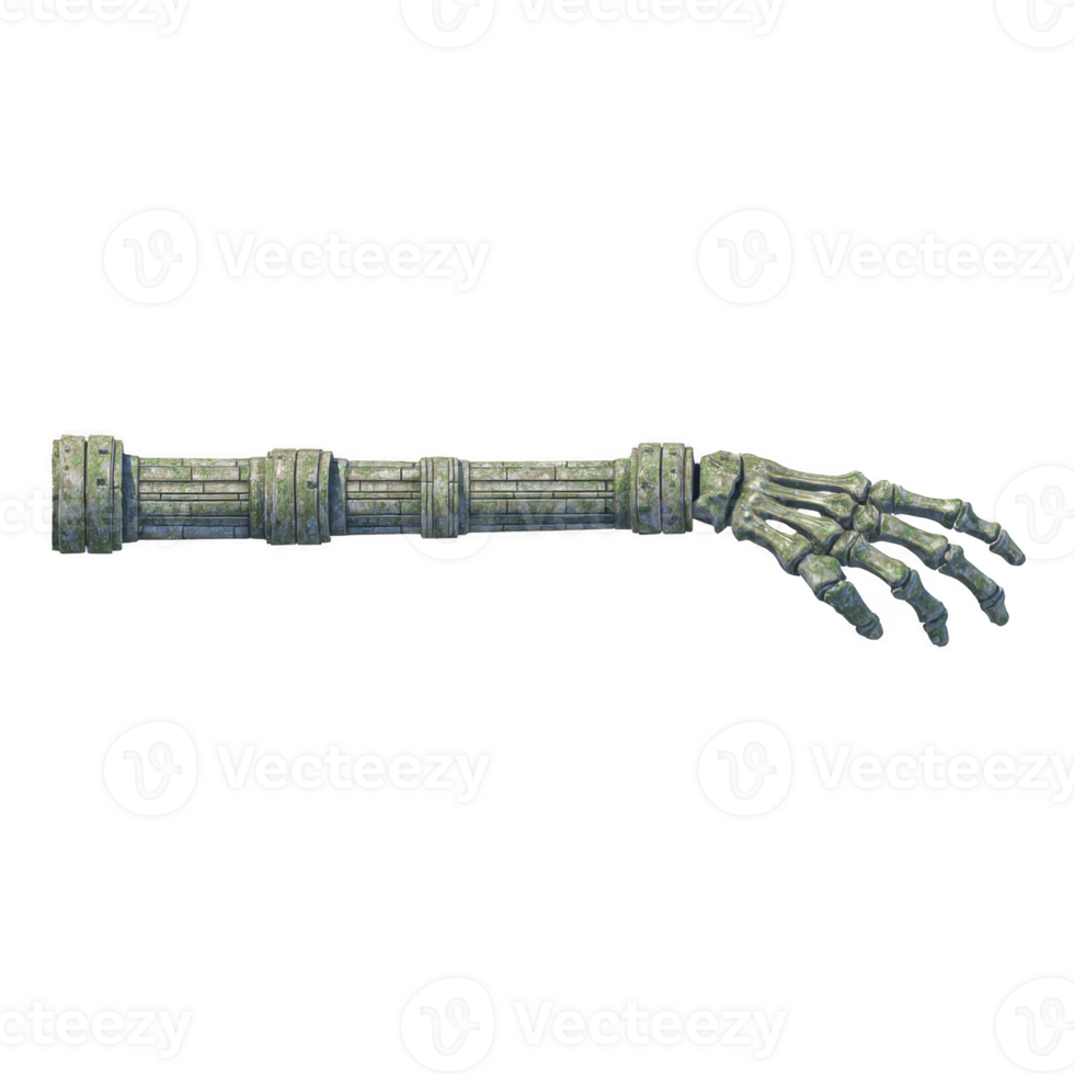 Detailed illustration of mechanical arm with skeletal hand, featuring intricate metallic components and weathered, steampunk aesthetic. design evokes sense of mystery and innovation png
