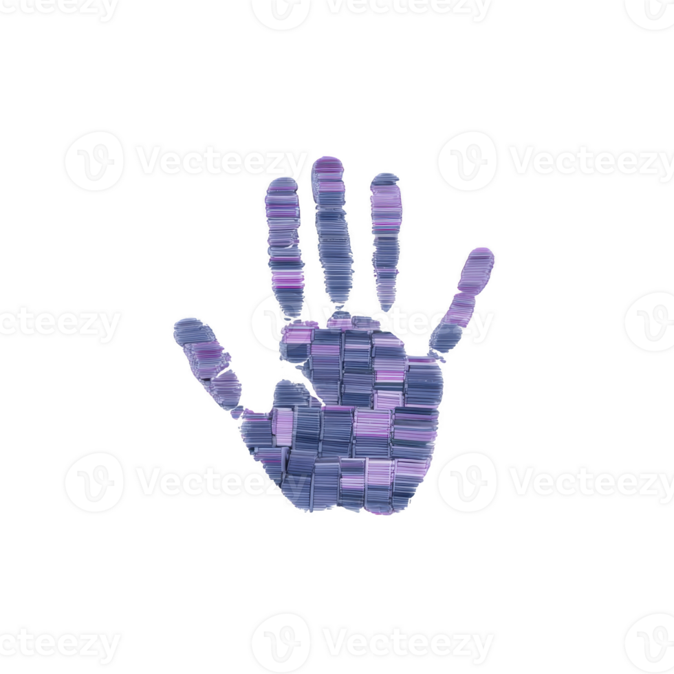 Digital illustration of handprint composed of purple and blue rectangular blocks, creating mosaic effect. design is set against transparent background, emphasizing abstract and creative style png