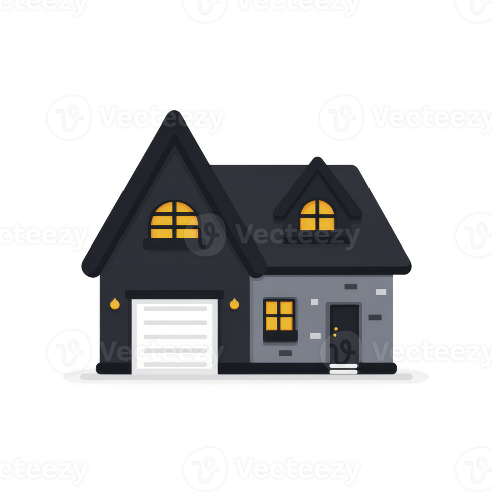 Cozy, dark themed house illustration with glowing windows and garage, evoking warmth and comfort png