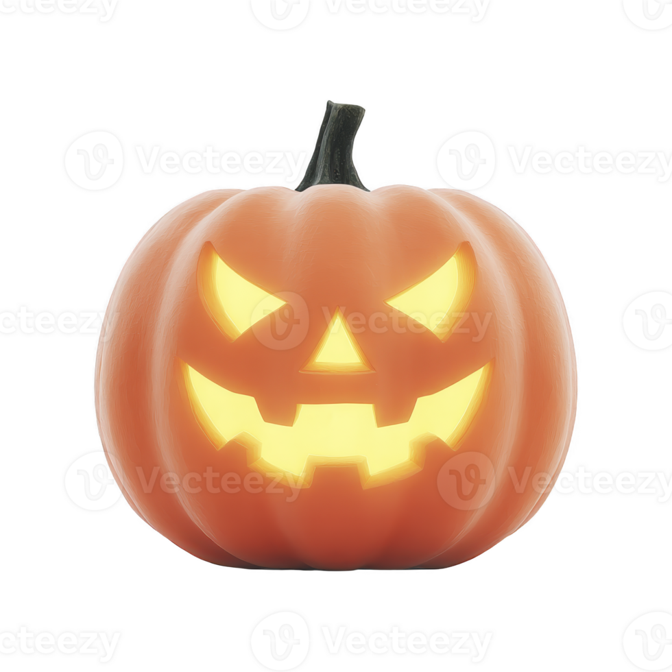 Glowing jack o lantern with carved, menacing face and bright yellow light inside, perfect for Halloween decoration. pumpkin expression is spooky and festive png