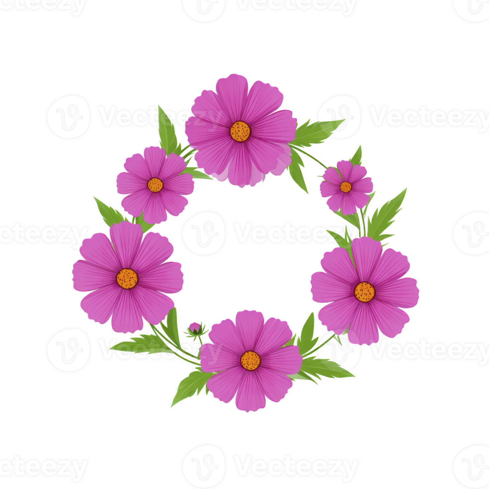 Vibrant floral wreath composed of pink flowers and green leaves arranged in circular pattern, creating cheerful and decorative design png