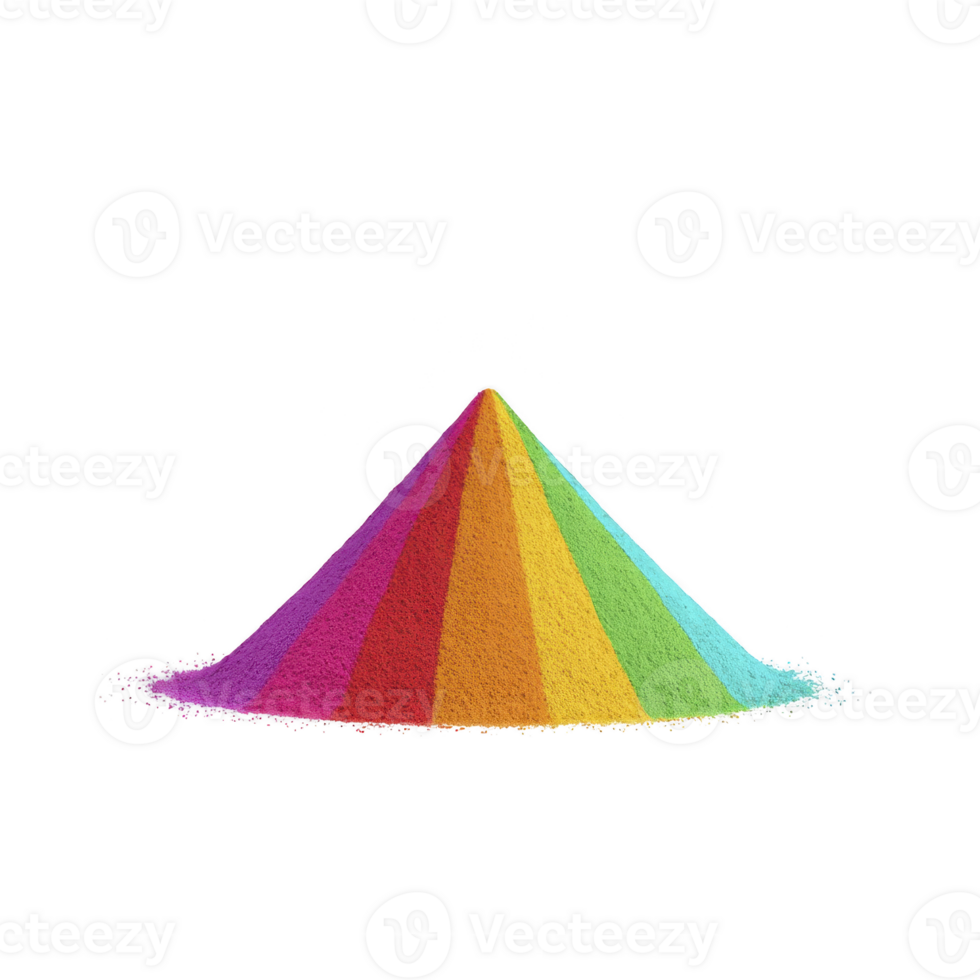 Vibrant cone of colorful powder arranged in rainbow gradient, showcasing spectrum of hues from red to violet. vivid colors create striking visual effect against transparency background png