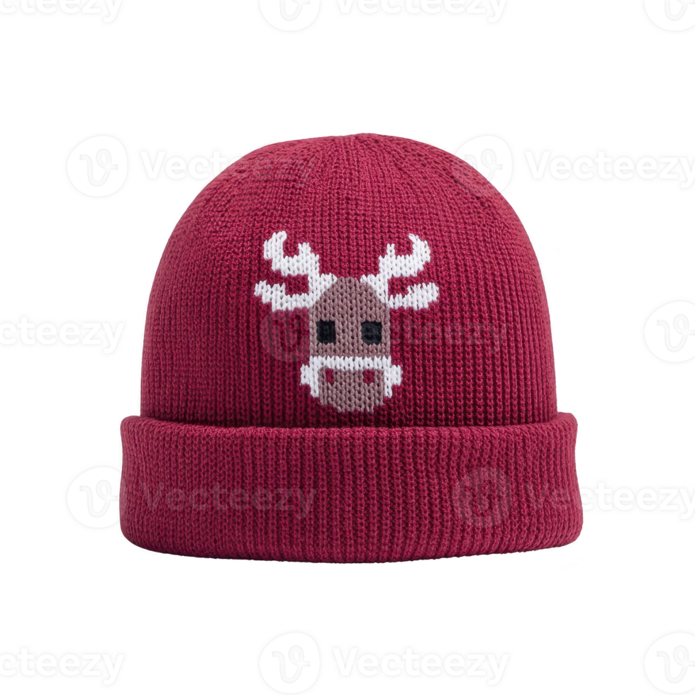 Cozy red knit beanie featuring cute reindeer design on front, perfect for winter warmth and festive cheer. beanie soft texture and playful pattern make it stylish accessory png
