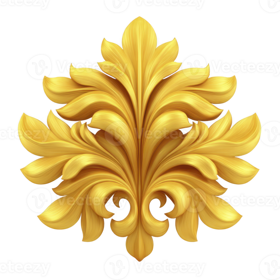 Ornate golden floral design with intricate details and symmetrical pattern, evoking sense of elegance and luxury. design features stylized leaves and curves, perfect for decorative purposes png