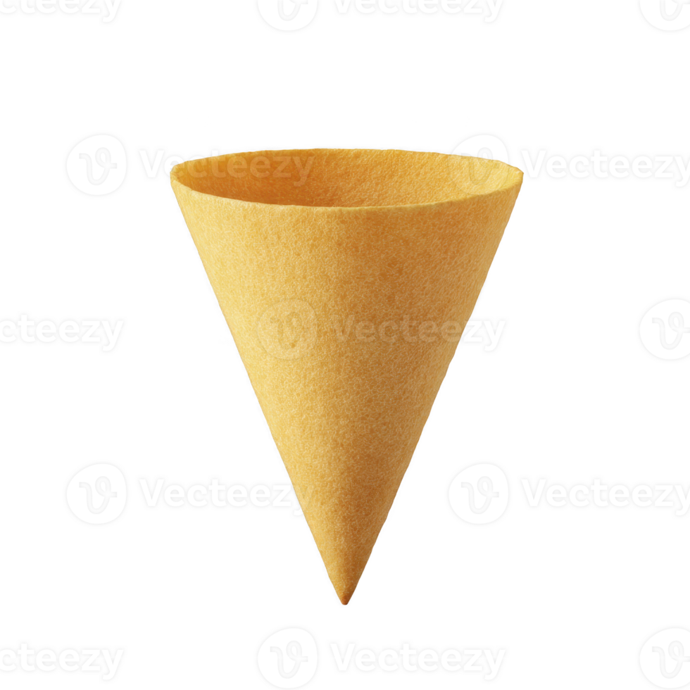 Single, empty, golden brown waffle cone is isolated on transparency background, showcasing its crisp texture and conical shape. Perfect for holding ice cream or other desserts png