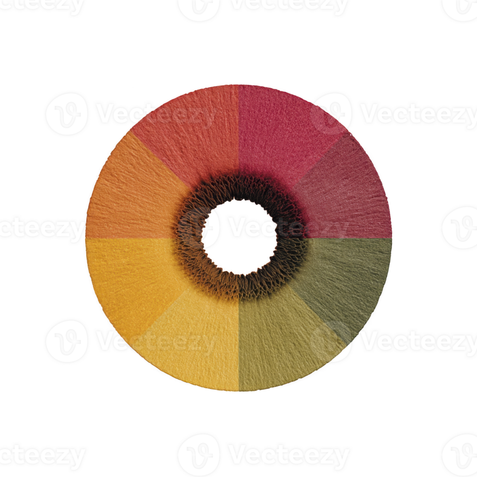 Circular color wheel with six segments in red, orange, yellow, green, and brown hues, resembling textured fiber or fabric pattern. center is dark, creating striking contrast png