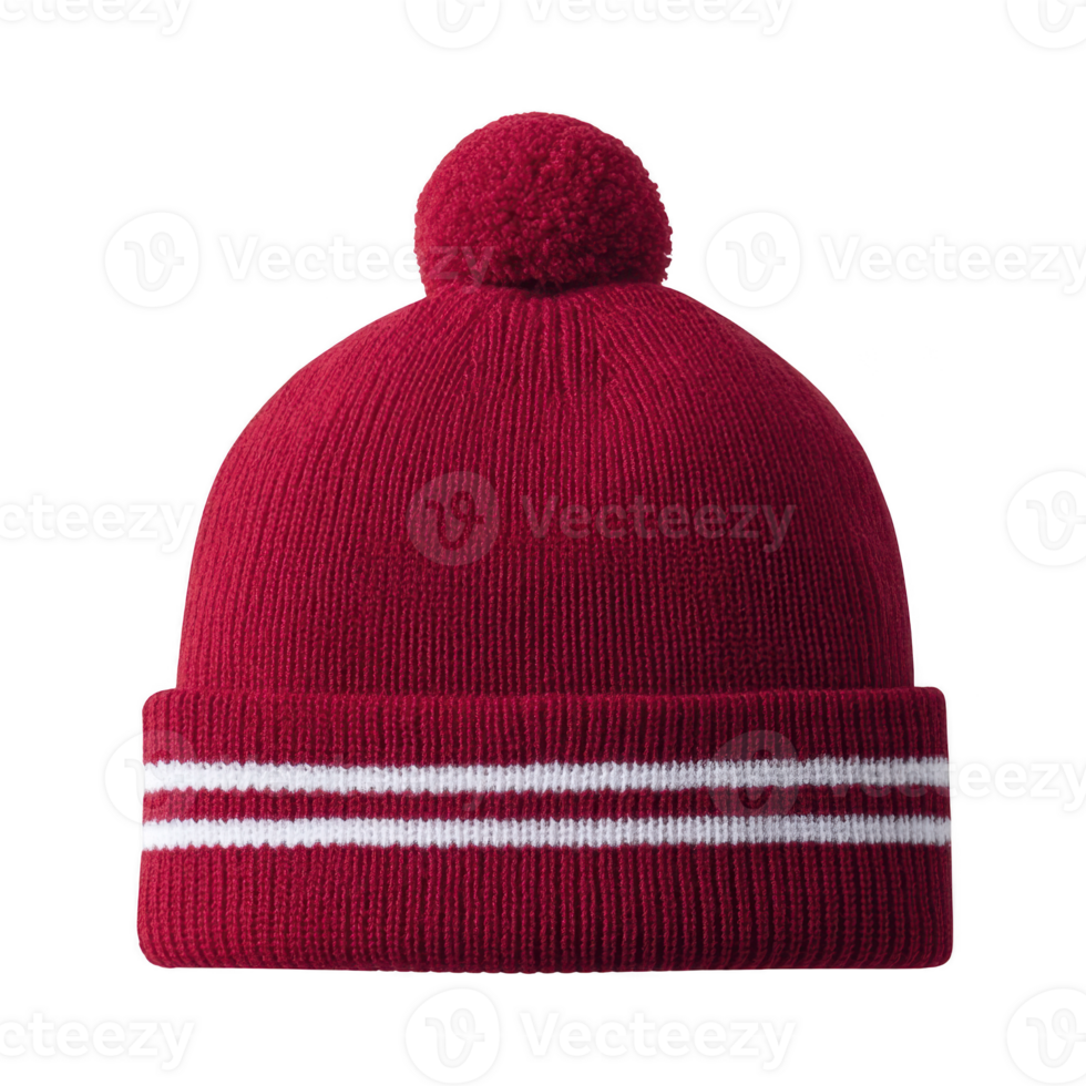 Cozy red knit beanie with pom pom and white stripes, perfect for winter warmth and style. hat vibrant color and classic design make it versatile accessory png