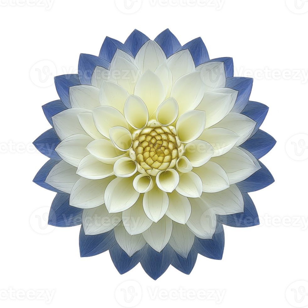 Symmetrical, intricate flower design with layered petals in shades of white and blue, creating captivating and harmonious pattern. central part features detailed, textured appearance png