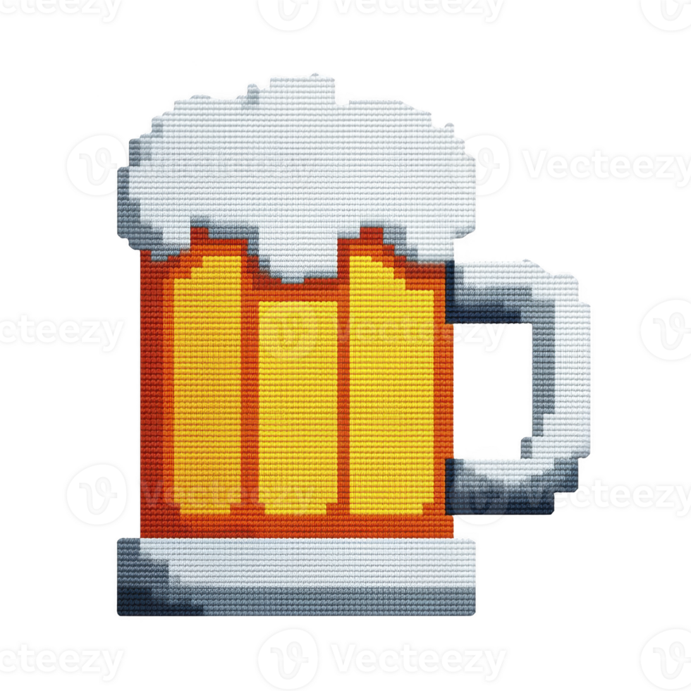 Pixel art style beer mug with frothy foam on top, featuring handle and vibrant amber color, evokes sense of fun and nostalgia png