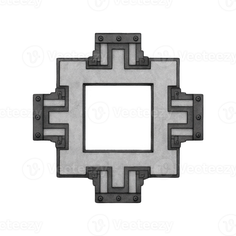 Symmetrical, geometric design featuring square shape with intricate patterns and metallic accents, evoking sense of industrial style. design is bold and structured png