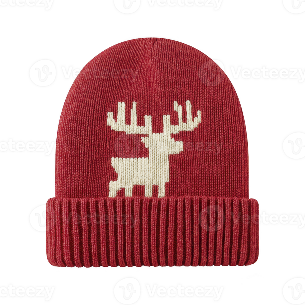 Cozy red knit beanie featuring white reindeer design, perfect for winter warmth and festive style. ribbed texture adds classic touch to this seasonal accessory png