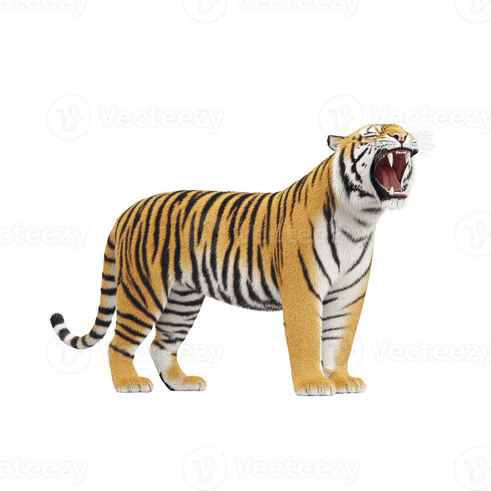 Roaring tiger stands with its mouth open, displaying its sharp teeth and fierce expression. tiger orange fur with black stripes is striking against transparency background png