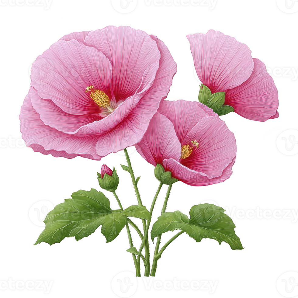 Pink hibiscus flowers with lush green leaves create vibrant and tropical feel, showcasing nature beauty. delicate petals and bright colors evoke sense of tranquility and elegance png