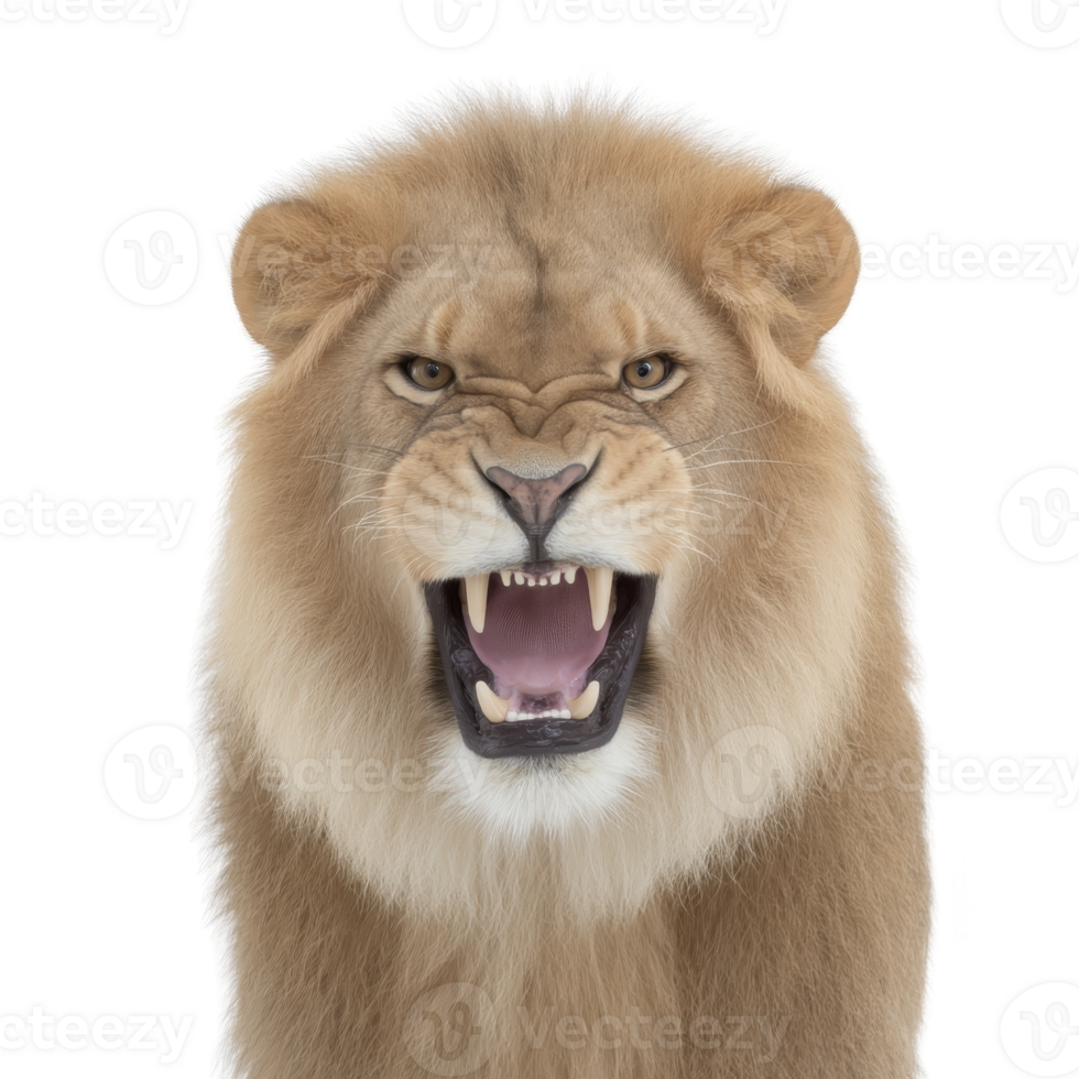 Fierce lion with majestic mane roars, displaying its sharp teeth and powerful presence. close up captures intensity and strength of wild animal png
