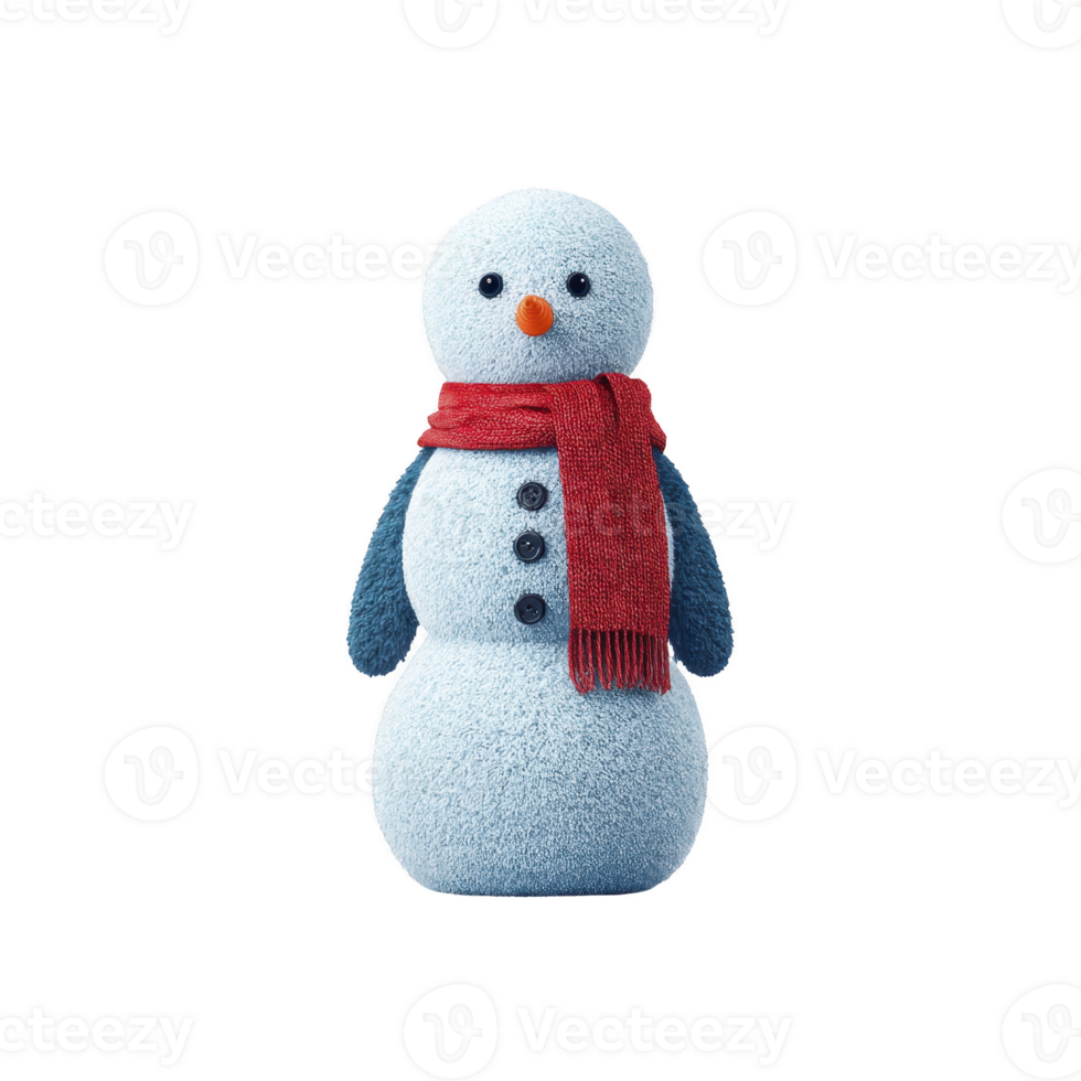 Cute snowman with red scarf and blue buttons stands cheerfully, showcasing classic winter decoration. snowman has textured surface and carrot nose png