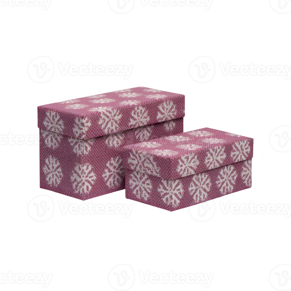 Two decorative gift boxes with snowflake patterns are displayed, featuring festive design. boxes are covered in red and white color scheme, perfect for holiday celebrations png