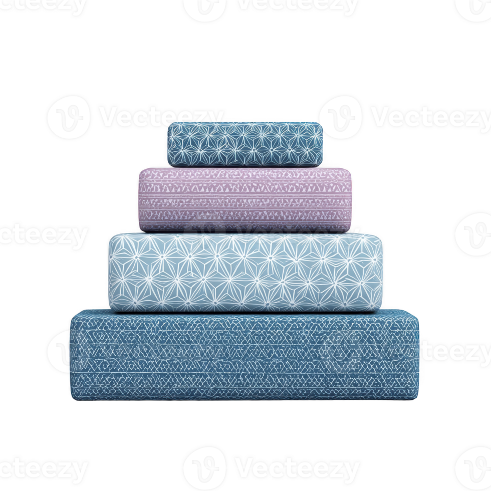 Stack of four rectangular cushions in varying sizes and colors, featuring intricate geometric patterns. cushions are arranged from largest to smallest, with blue, light blue, and purple hues png