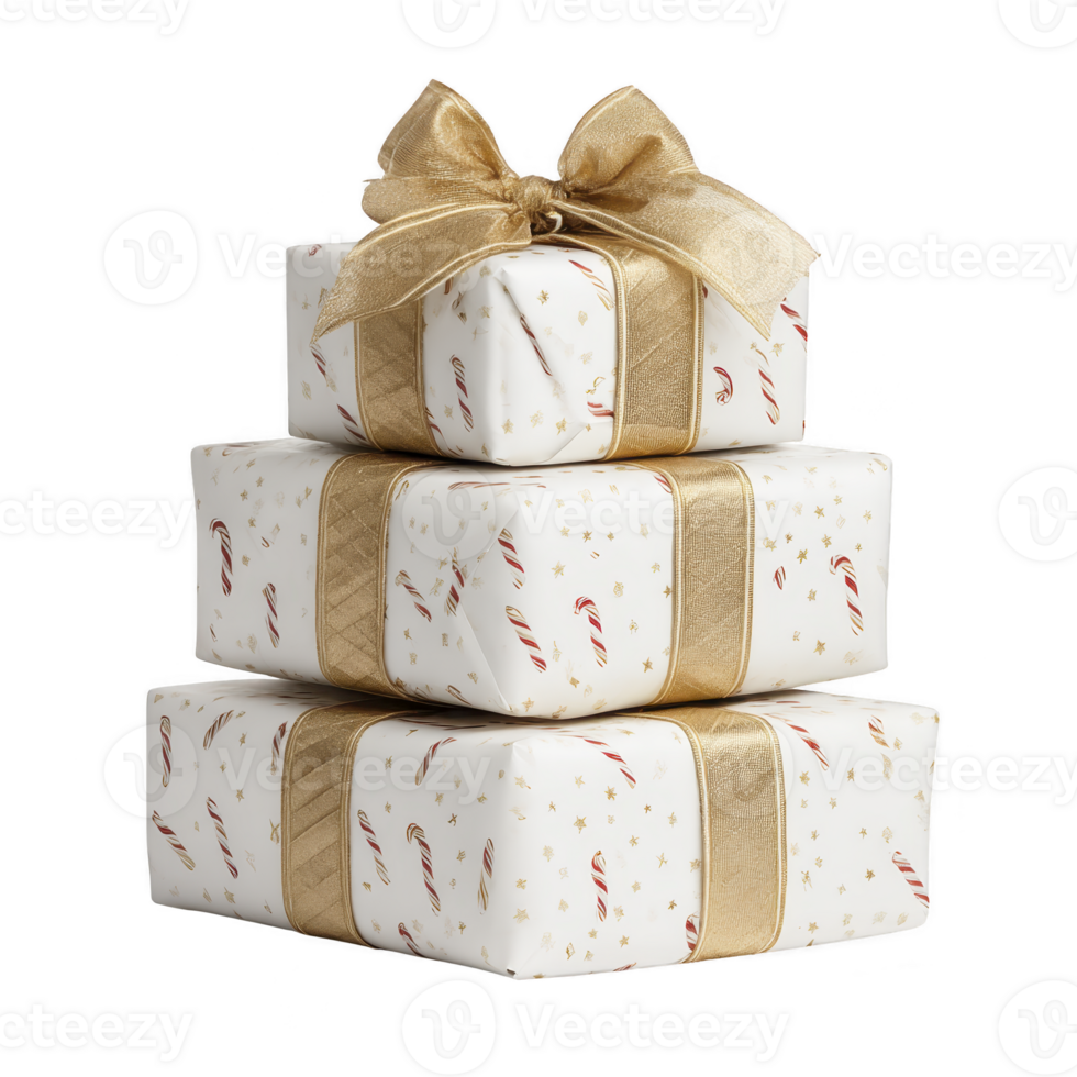 Three elegantly wrapped gifts are stacked, featuring white paper with candy cane and star patterns, adorned with gold ribbons and large bow, evoking festive and joyful holiday spirit png