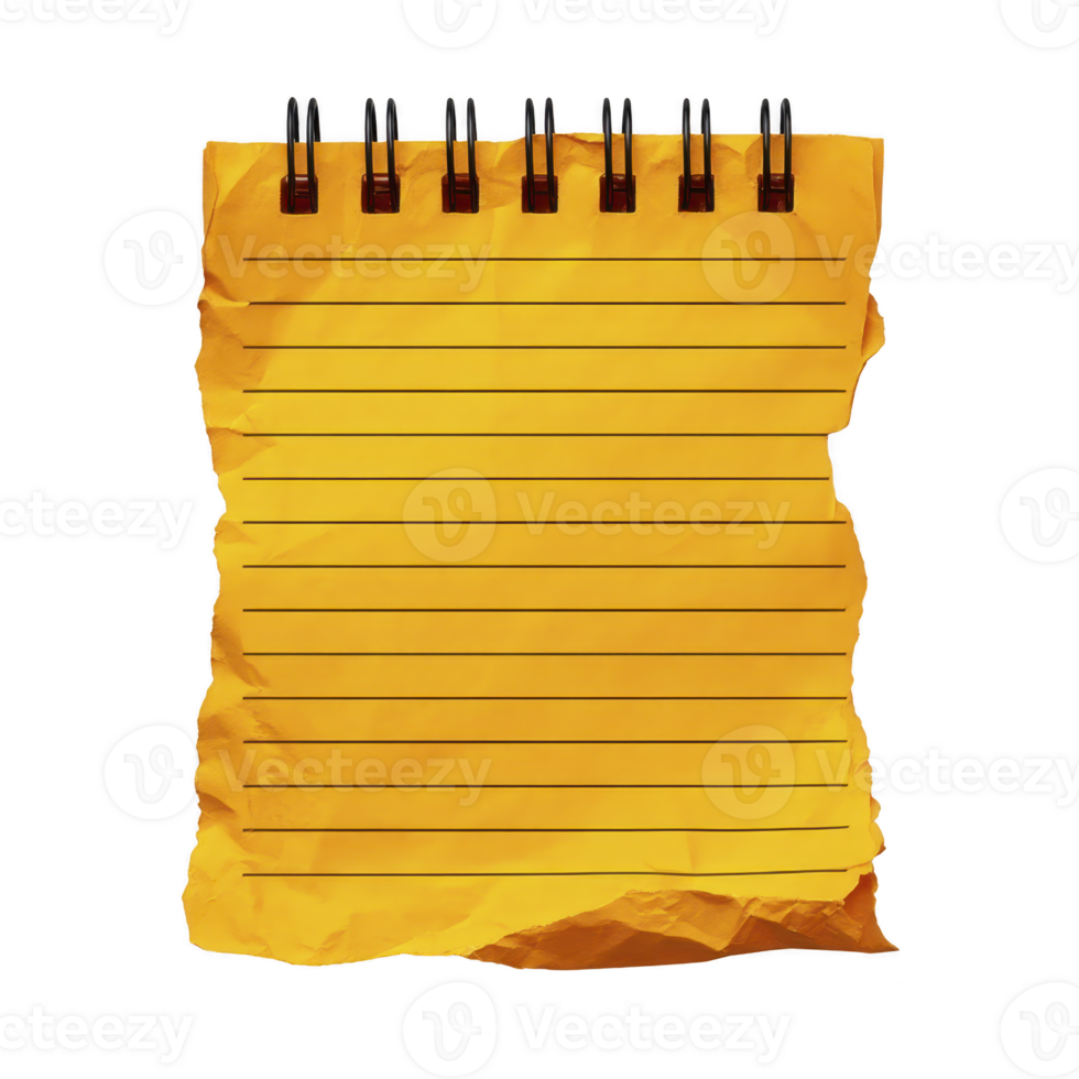 Crumpled yellow notepad with spiral binding and lined pages, evoking sense of creativity and spontaneity. Ideal for jotting down ideas or notes png