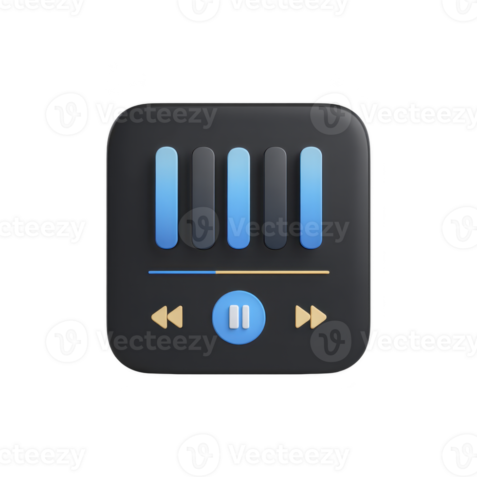 Sleek, modern music player icon with transparency background features blue equalizer bars and central play button, conveying sense of digital audio technology png