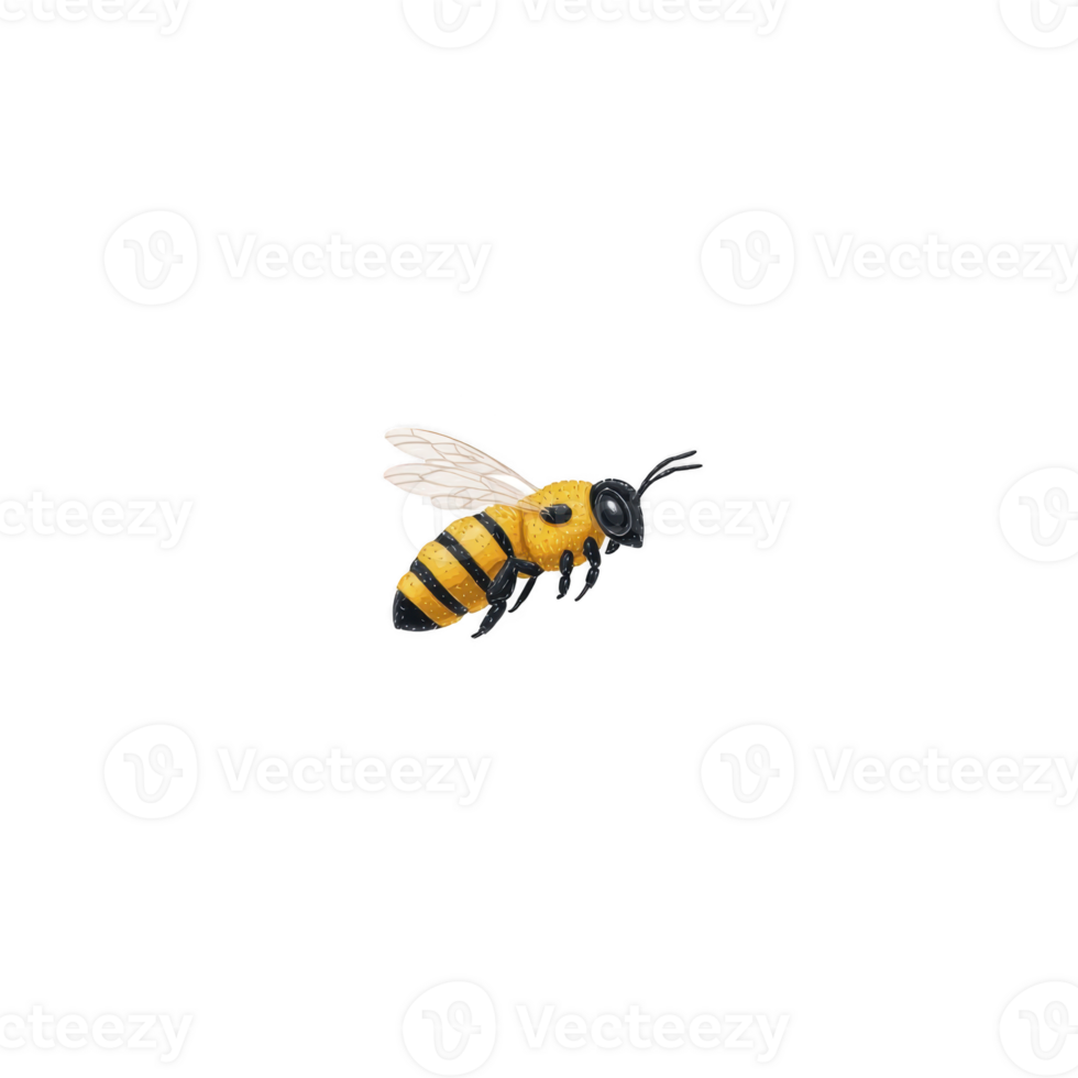 Cute illustration of bee with yellow and black stripes, delicate wings, and cheerful expression, set against plain background png