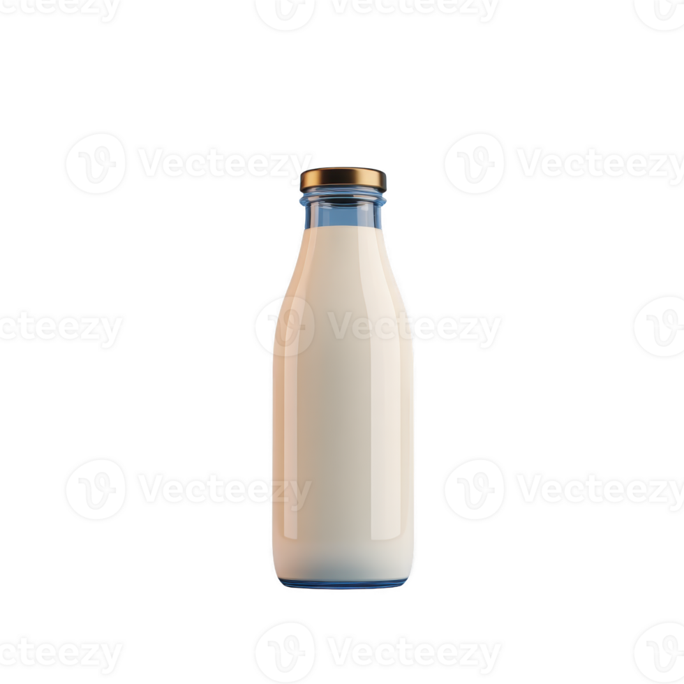 Glass bottle filled with fresh milk is displayed against plain background, showcasing its simplicity and purity. bottle is sealed with metal cap, emphasizing freshness png