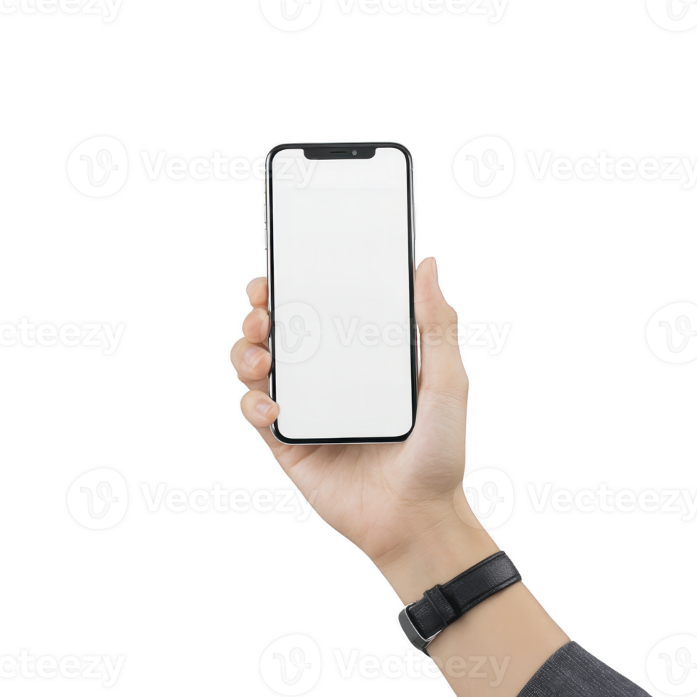 Hand holding smartphone with blank screen, isolated on transparency background. person is wearing black watch, and phone is held vertically png