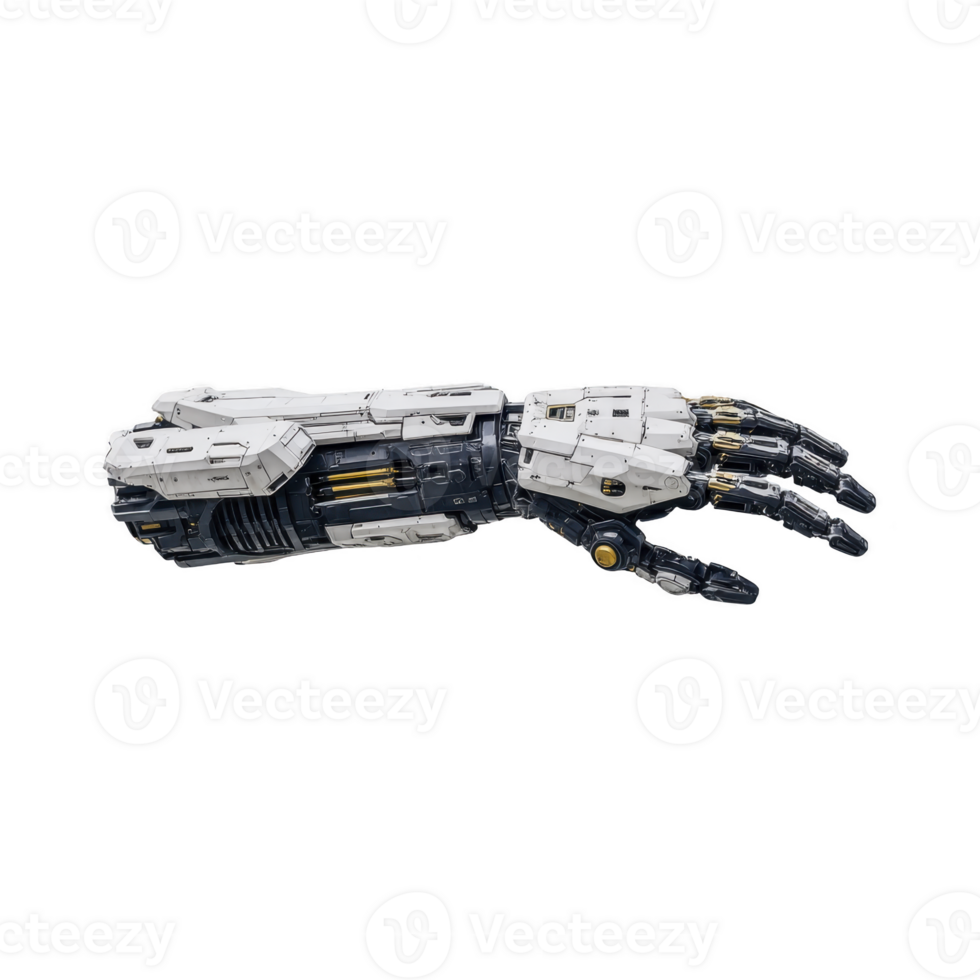 Futuristic robotic arm with intricate mechanical details and sleek design, showcasing advanced technology and innovation. metallic structure and articulated fingers highlight precision engineering png