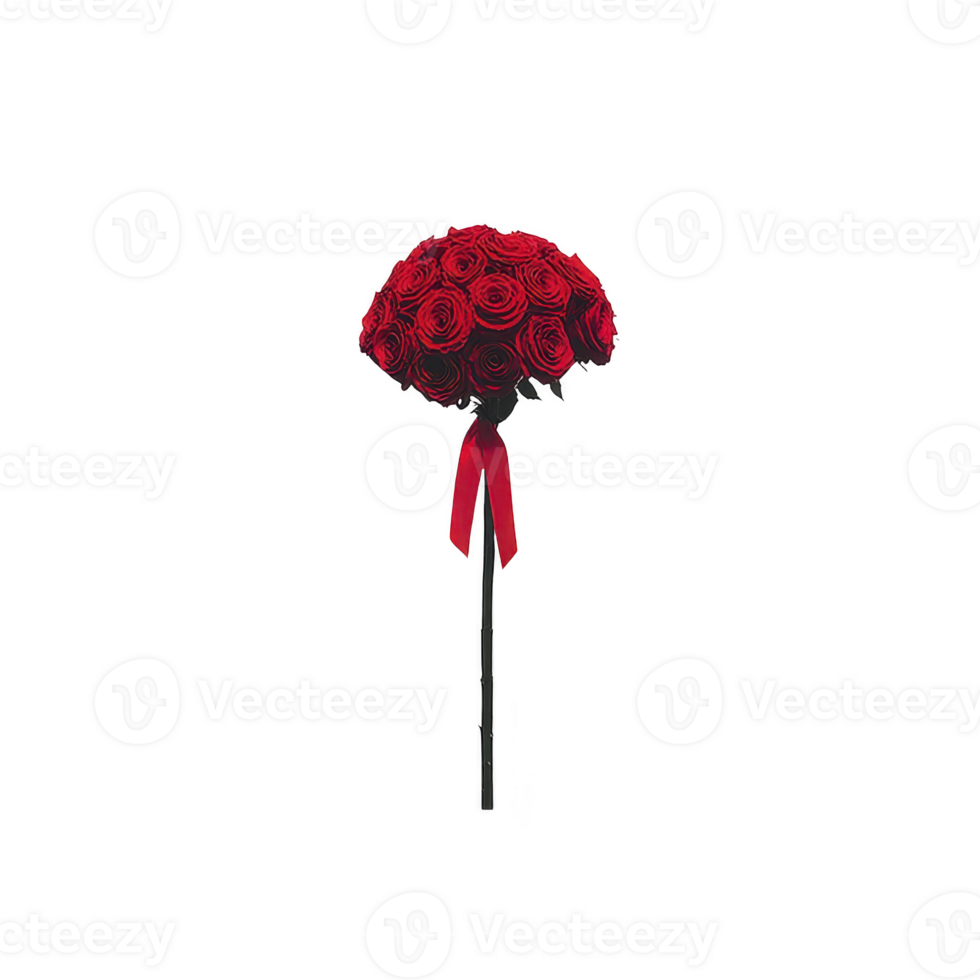 Bouquet of vibrant red roses is elegantly arranged with long black stem and red ribbon, creating striking and romantic floral display png