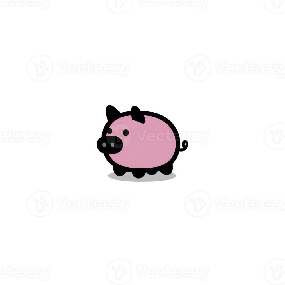 Cute, cartoon style pink pig with black ears and hooves stands on transparency background, showcasing simple and playful design png
