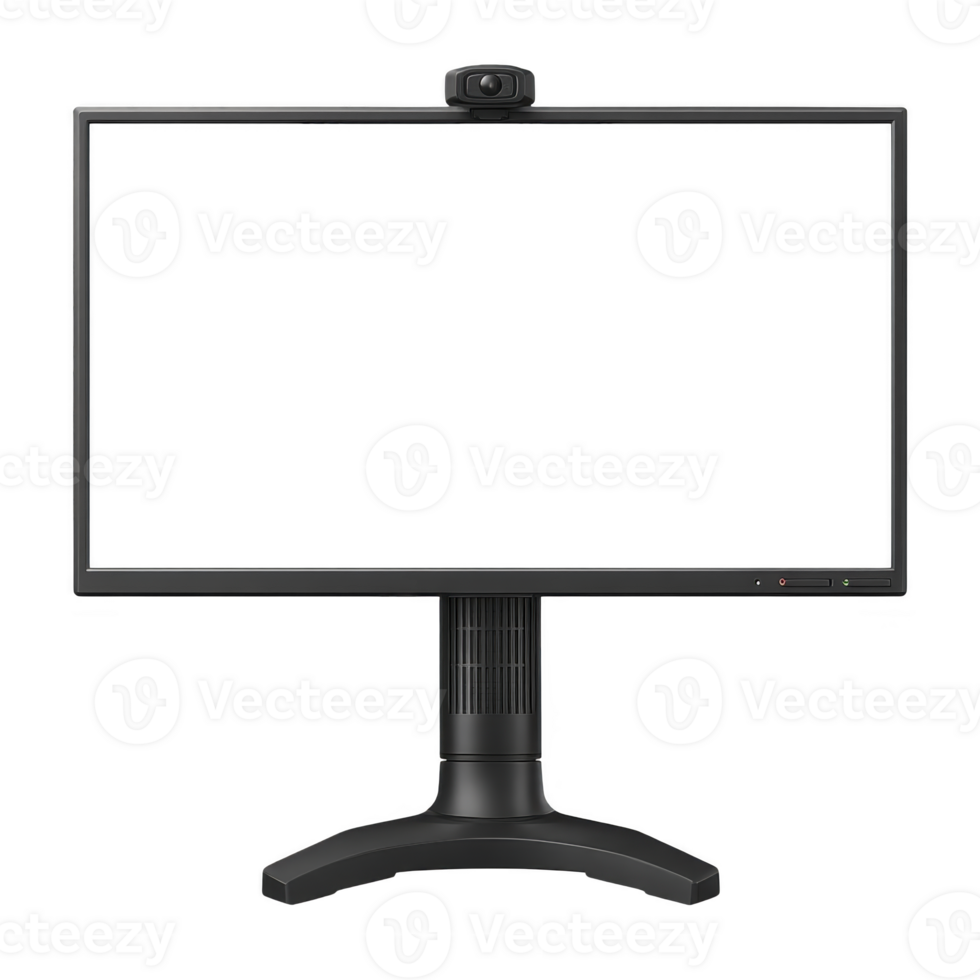 Sleek black computer monitor with built in webcam sits on sturdy stand, ready for conferencing or gaming. minimalist design complements modern workspaces png