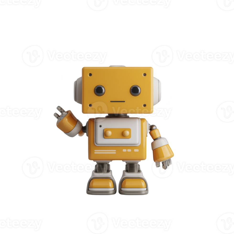 Cute yellow robot with boxy head and mechanical arms stands on transparency background, waving cheerfully. Its design is simple and friendly, featuring retro style with visible joints and bolts png