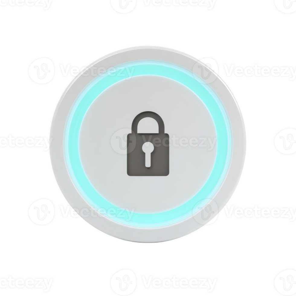Glowing circular icon features lock symbol in center, representing security and protection. icon is illuminated with soft blue light, creating modern and digital feel png