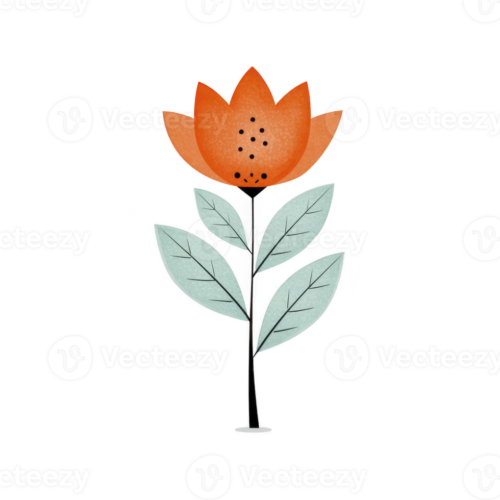Stylized orange flower with textured appearance stands on thin stem with green leaves, set against plain background. design is simple and artistic, evoking sense of calm and creativity png