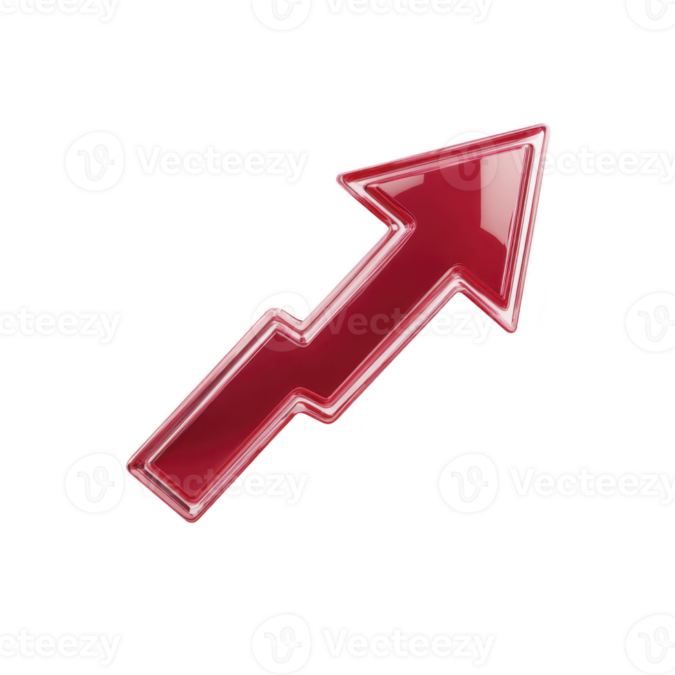 Shiny red arrow pointing upwards symbolizes growth, progress, or increase. glossy finish and bold color make it stand out, conveying sense of direction and positivity png