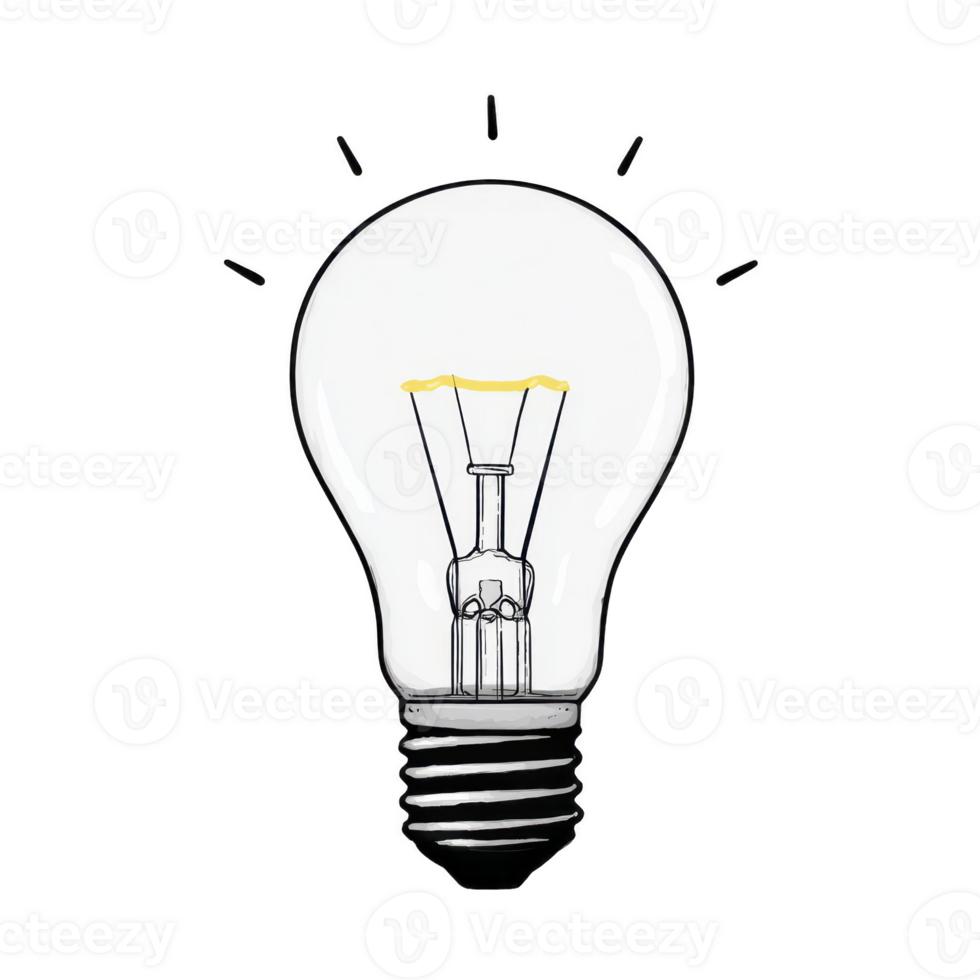 Simple illustration of light bulb with clear glass design and visible filament, symbolizing ideas and innovation. bulb is depicted with glowing effect, emphasizing creativity png