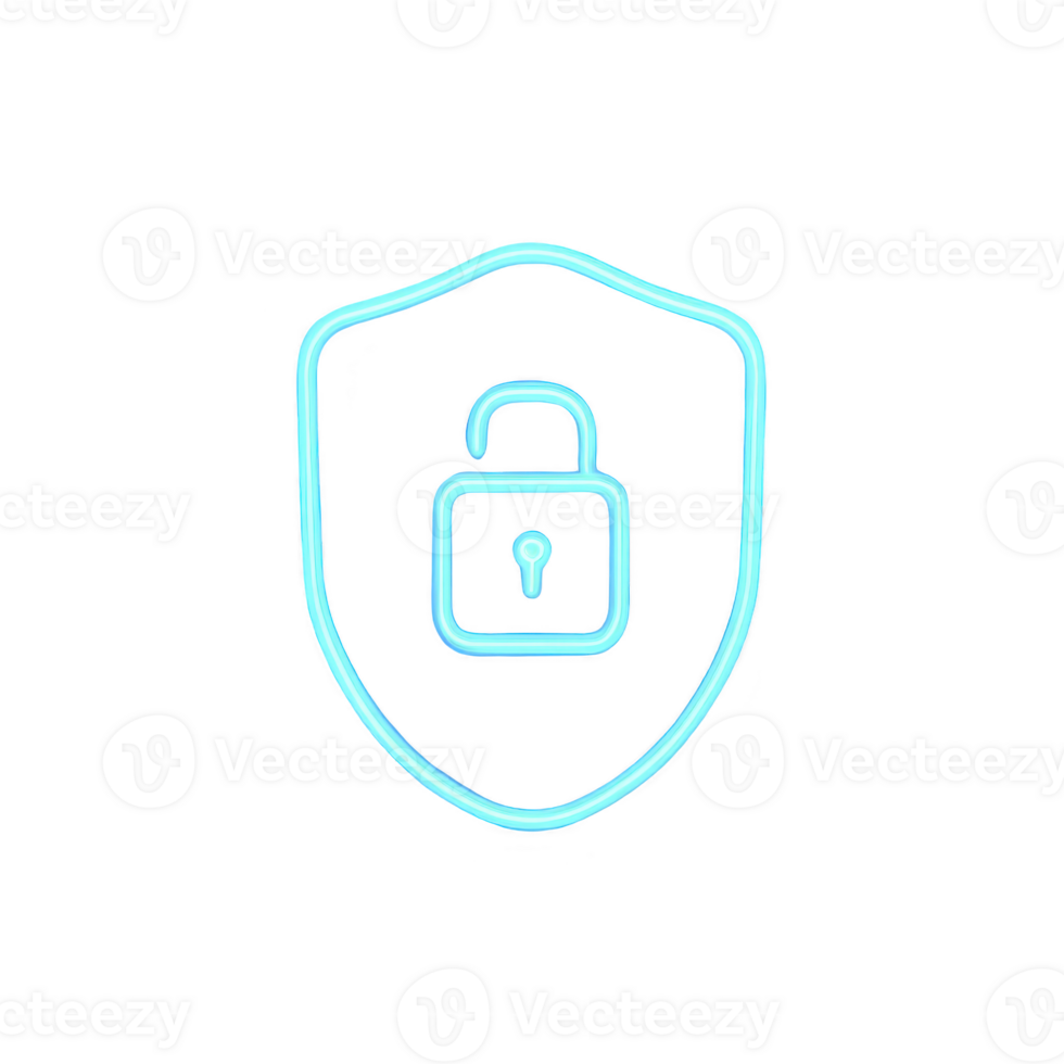 Glowing blue neon shield with open padlock symbolizes security and protection. design is simple and modern, conveying sense of safety and accessibility png