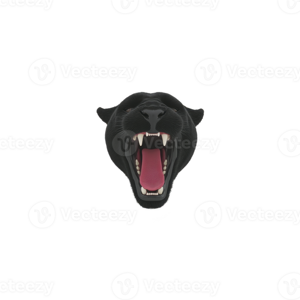 Fierce black panther head with open mouth, showing sharp teeth and pink tongue, set against plain background. image conveys power and intensity png