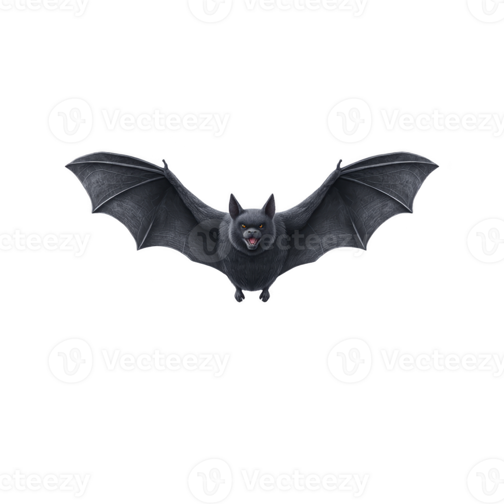 Black bat with outstretched wings flies against transparent background, showcasing its detailed features and sharp fangs. image captures bat in mid flight, emphasizing its nocturnal nature png