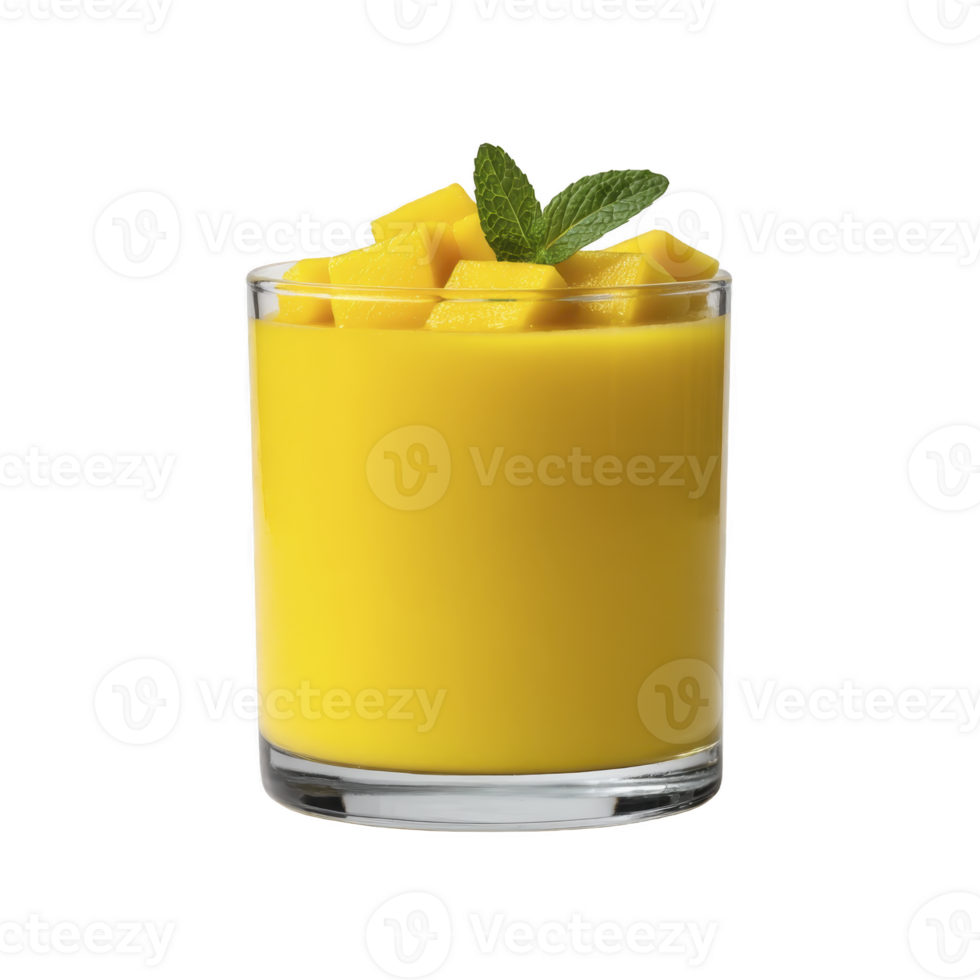 Refreshing glass of mango smoothie topped with fresh mango cubes and mint leaf, perfect for tropical treat. vibrant yellow color is inviting and energizing png