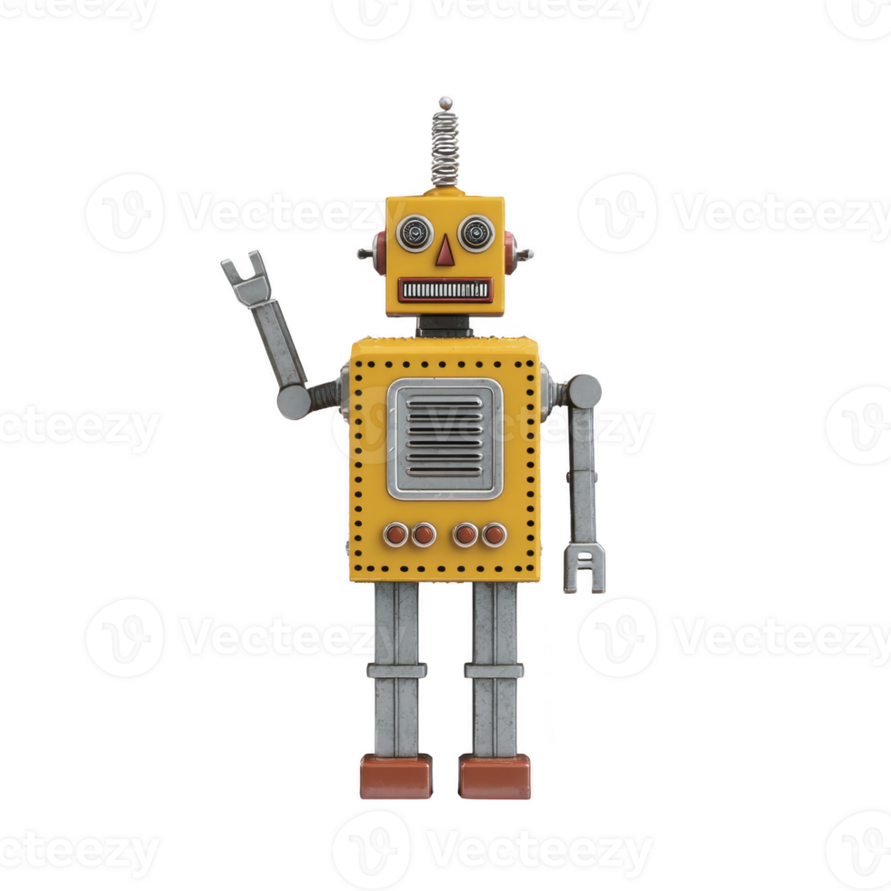 Vintage toy robot with yellow body and mechanical limbs stands waving, showcasing retro design with cheerful expression. Its metallic features and bright colors evoke nostalgia png