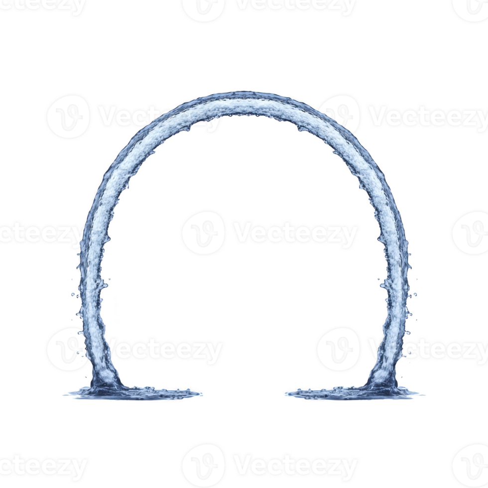 Dynamic arc of water gracefully forms perfect arch against transparent background, showcasing fluid motion and symmetry. splash effect adds sense of energy and movement png