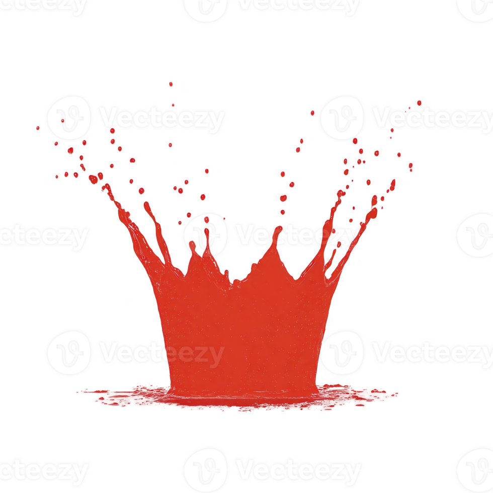 Vibrant splash of red paint creates dynamic crown shape against transparency background, capturing motion and energy. droplets scatter outward, adding sense of excitement png