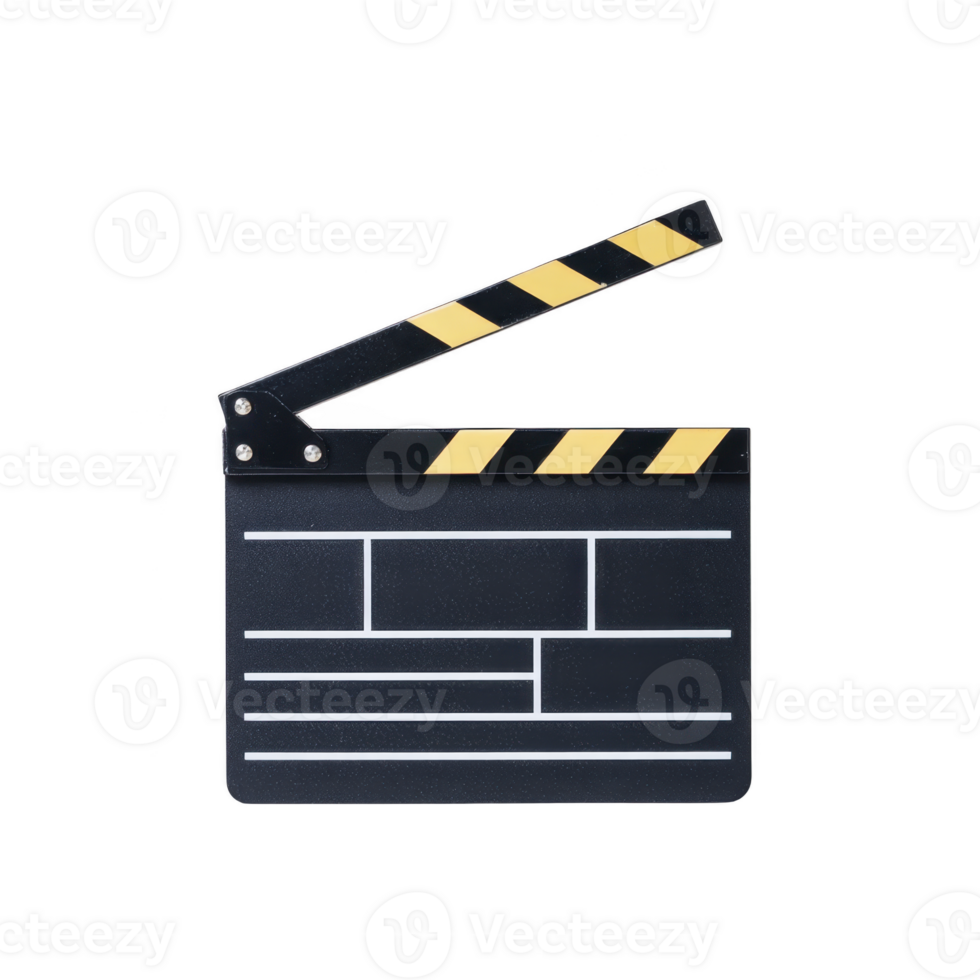 Black and yellow striped film clapperboard used in movie production, isolated on transparency background. clapperboard is open, showing its classic design png