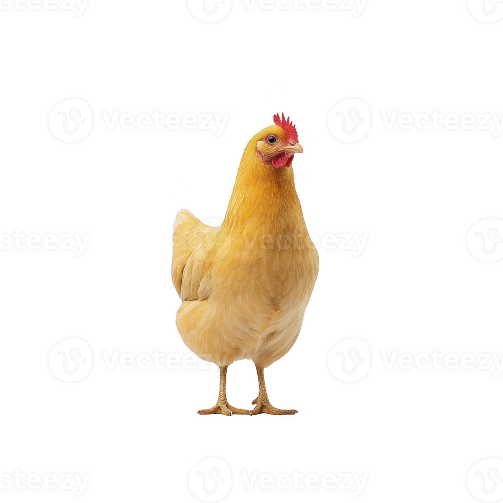 Vibrant yellow chicken stands against plain background, showcasing its bright feathers and red comb. chicken alert posture and detailed plumage are highlighted png
