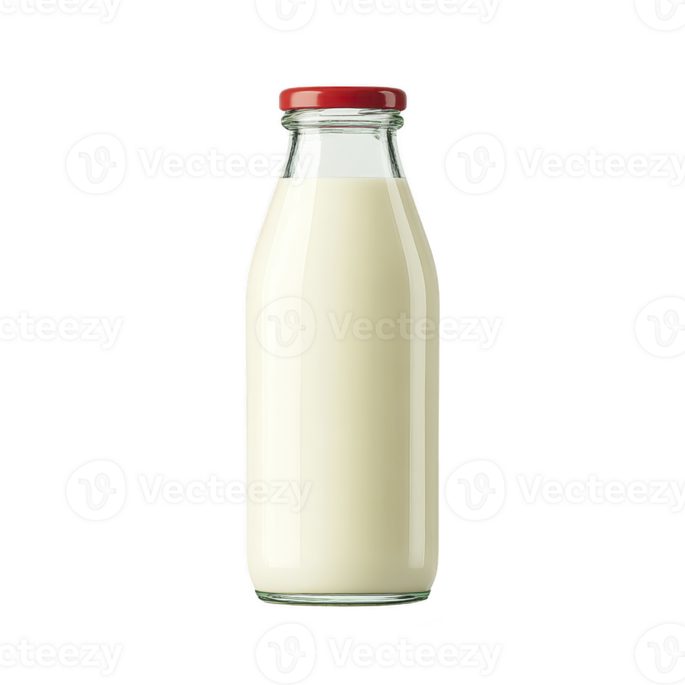 Glass bottle filled with fresh milk and sealed with red cap stands against plain background, showcasing simplicity and purity png